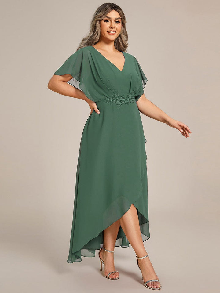 pretty LILAS|Plus Size V-Neck Chiffon Bat-Wing Sleeve A-Line Waist Applique Formal Dress