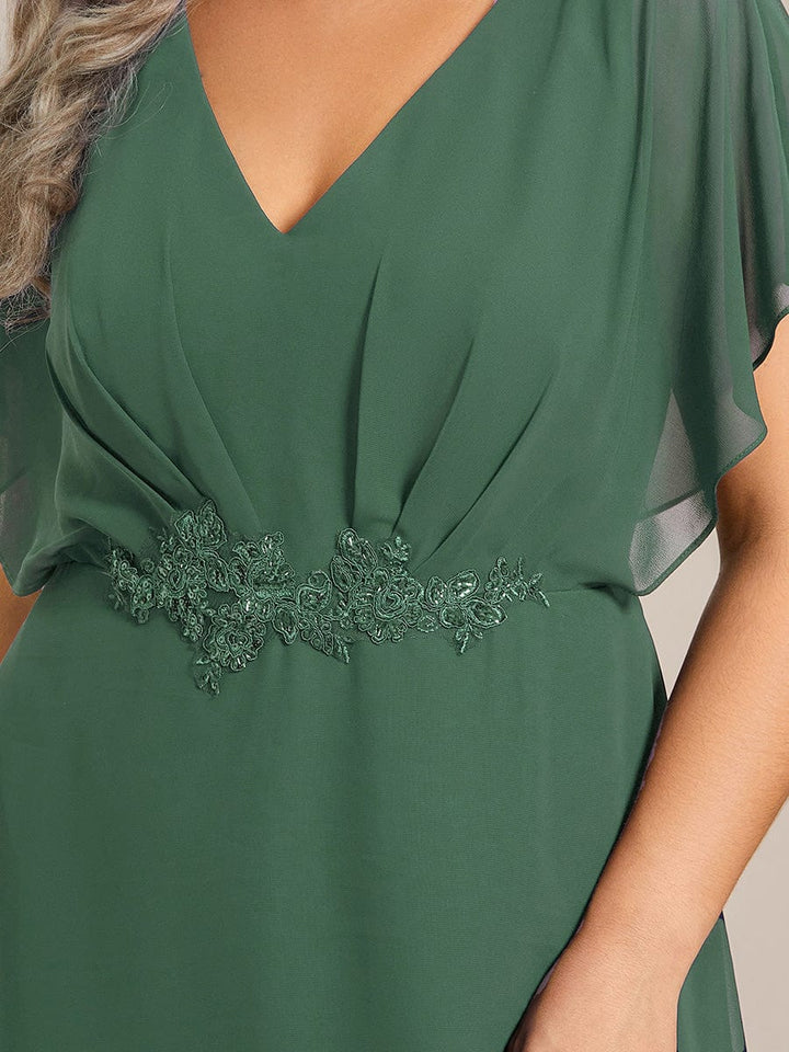 pretty LILAS|Plus Size V-Neck Chiffon Bat-Wing Sleeve A-Line Waist Applique Formal Dress