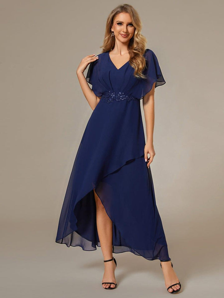 ever LILAS|Elegant Short Sleeves A-Line Waist Applique Formal Dress with Lotus Leaf Hem