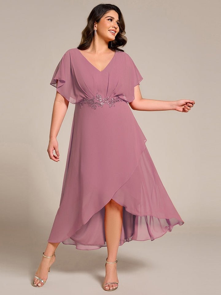 ever LILAS|Elegant Short Sleeves A-Line Waist Applique Formal Dress with Lotus Leaf Hem