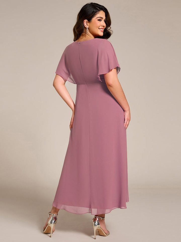 pretty LILAS|Plus Size V-Neck Chiffon Bat-Wing Sleeve A-Line Waist Applique Formal Dress