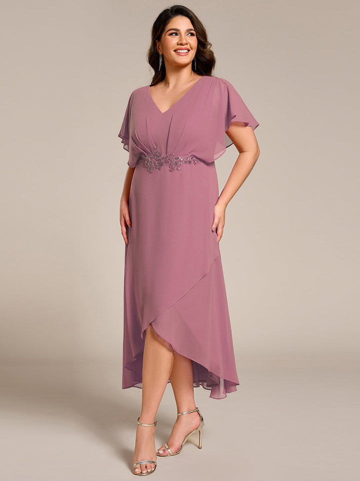 ever LILAS|Elegant Short Sleeves A-Line Waist Applique Formal Dress with Lotus Leaf Hem