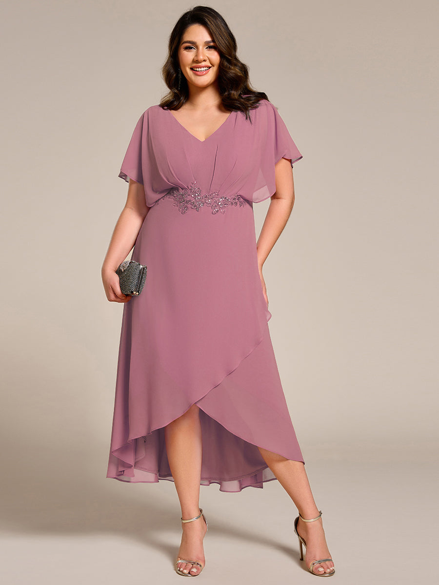 pretty LILAS|Plus Size V-Neck Chiffon Bat-Wing Sleeve A-Line Waist Applique Formal Dress