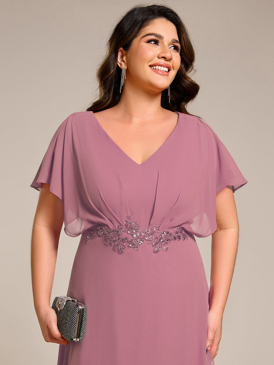 pretty LILAS|Plus Size V-Neck Chiffon Bat-Wing Sleeve A-Line Waist Applique Formal Dress