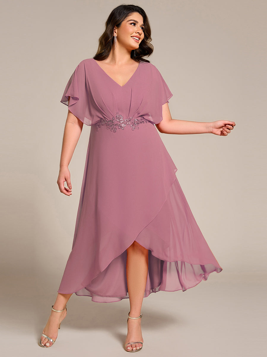 pretty LILAS|Plus Size V-Neck Chiffon Bat-Wing Sleeve A-Line Waist Applique Formal Dress