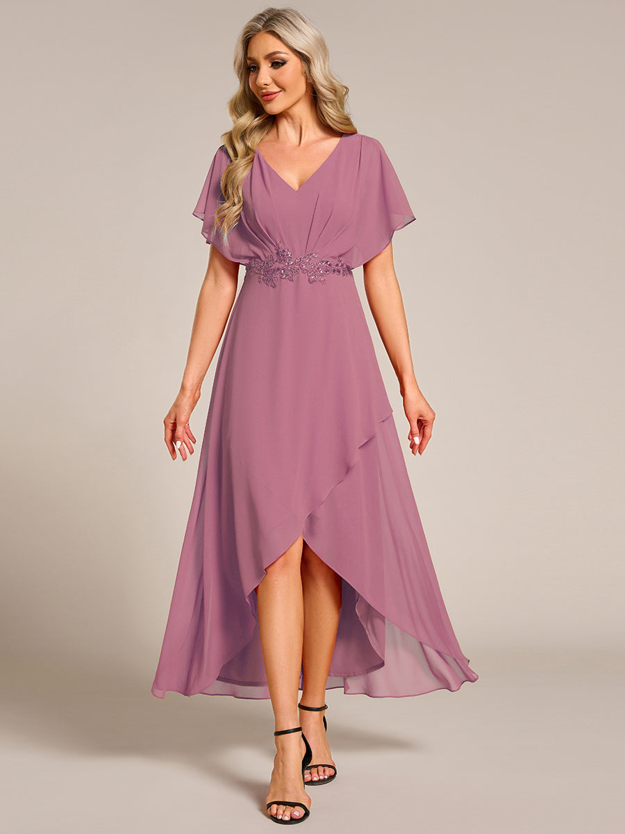 ever LILAS|Elegant Short Sleeves A-Line Waist Applique Formal Dress with Lotus Leaf Hem