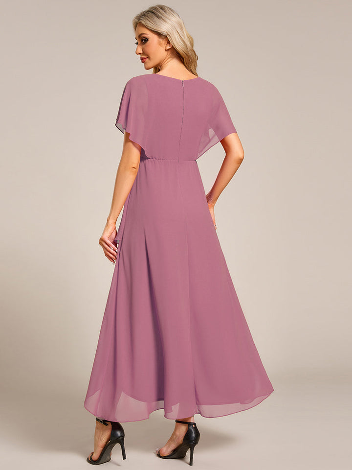 ever LILAS|Elegant Short Sleeves A-Line Waist Applique Formal Dress with Lotus Leaf Hem