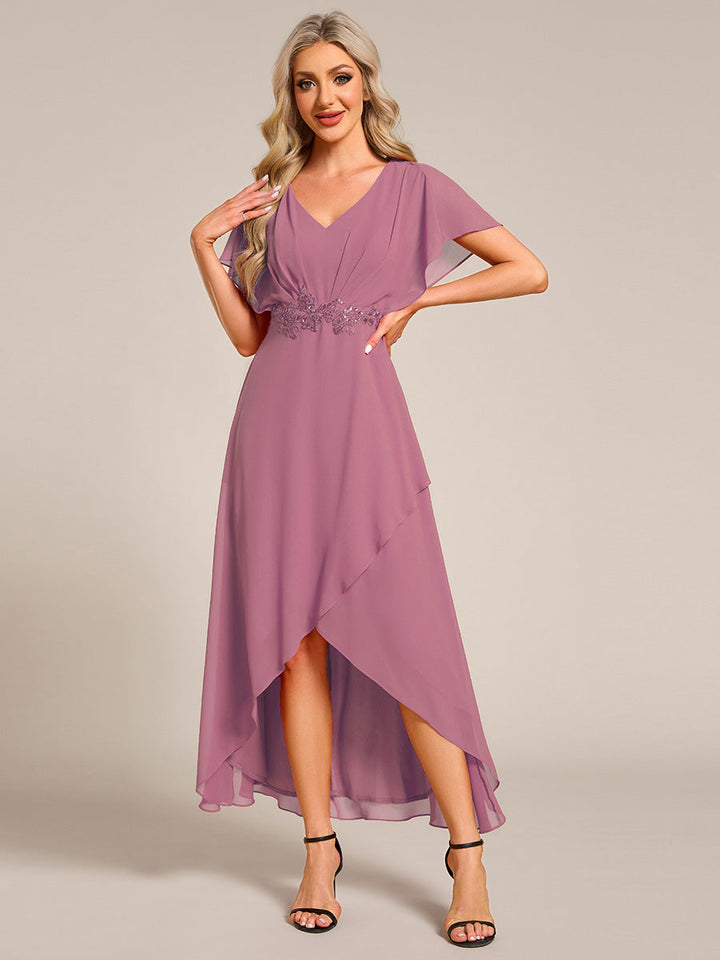 ever LILAS|Elegant Short Sleeves A-Line Waist Applique Formal Dress with Lotus Leaf Hem