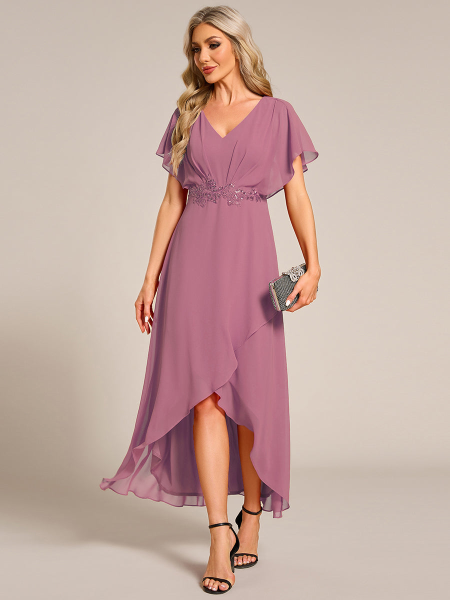 ever LILAS|Elegant Short Sleeves A-Line Waist Applique Formal Dress with Lotus Leaf Hem