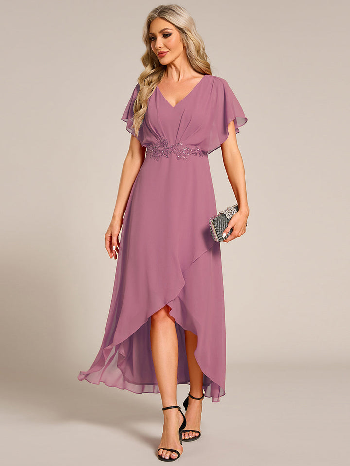 ever LILAS|Elegant Short Sleeves A-Line Waist Applique Formal Dress with Lotus Leaf Hem