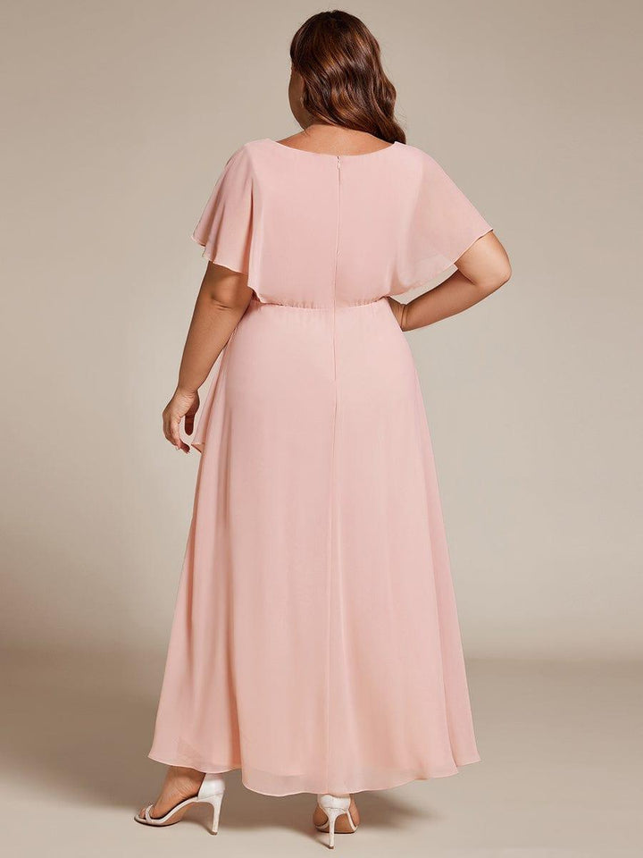 ever LILAS|Elegant Short Sleeves A-Line Waist Applique Formal Dress with Lotus Leaf Hem