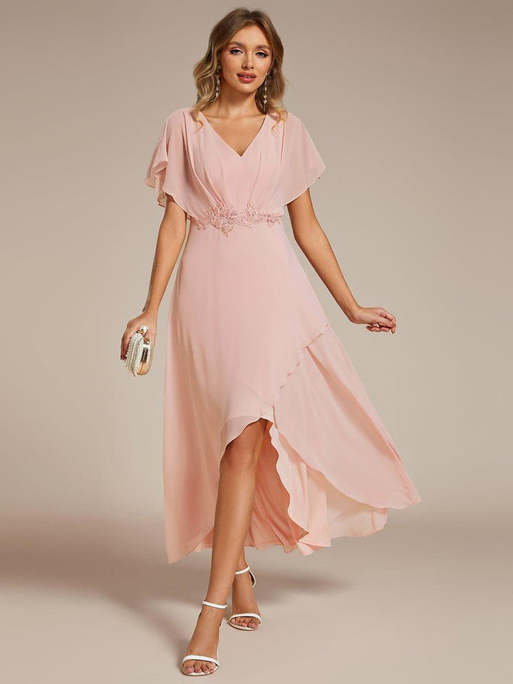 ever LILAS|Elegant Short Sleeves A-Line Waist Applique Formal Dress with Lotus Leaf Hem