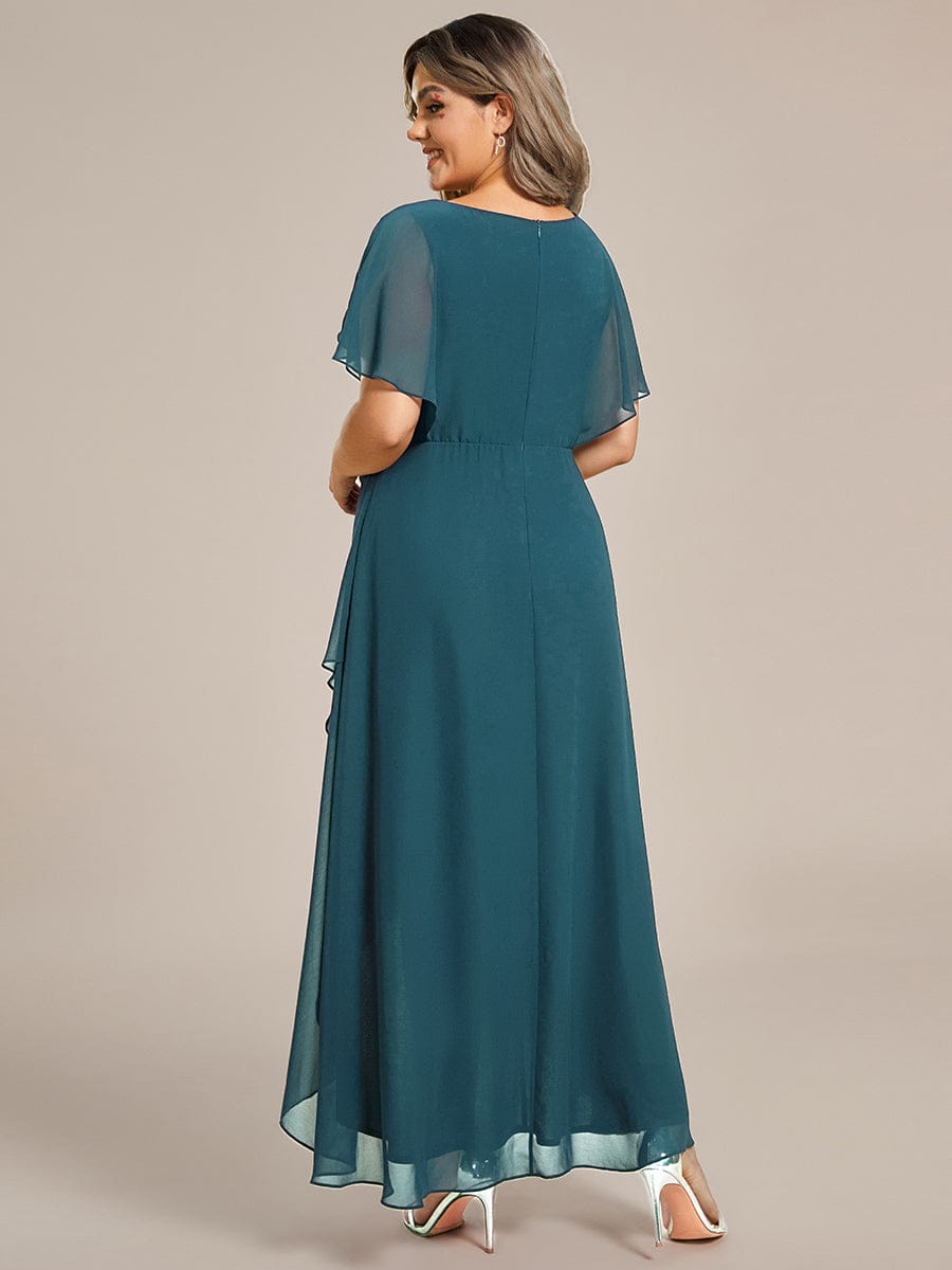ever LILAS|Elegant Short Sleeves A-Line Waist Applique Formal Dress with Lotus Leaf Hem