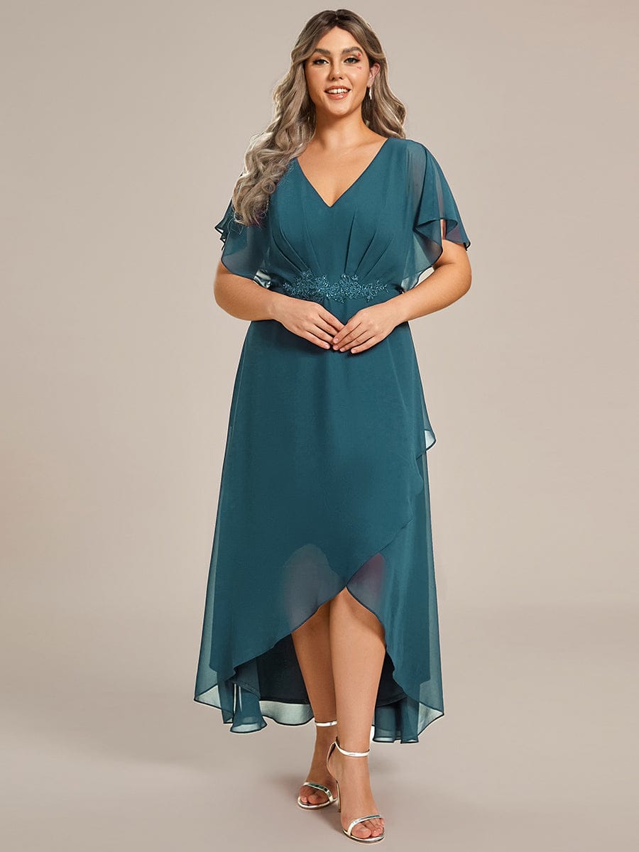 ever LILAS|Elegant Short Sleeves A-Line Waist Applique Formal Dress with Lotus Leaf Hem