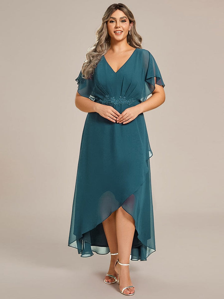 ever LILAS|Elegant Short Sleeves A-Line Waist Applique Formal Dress with Lotus Leaf Hem