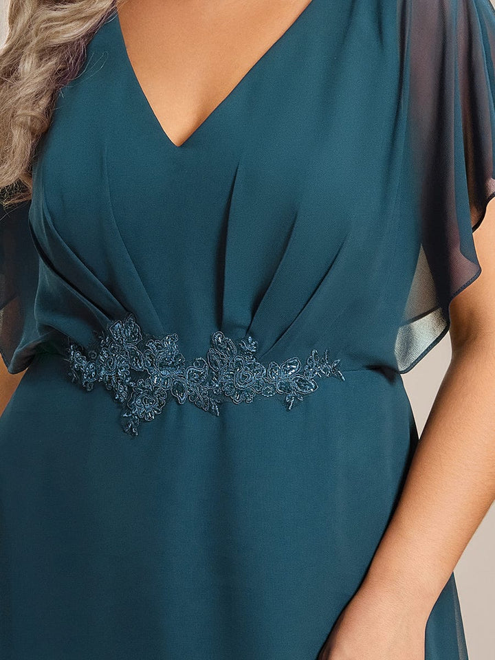 ever LILAS|Elegant Short Sleeves A-Line Waist Applique Formal Dress with Lotus Leaf Hem
