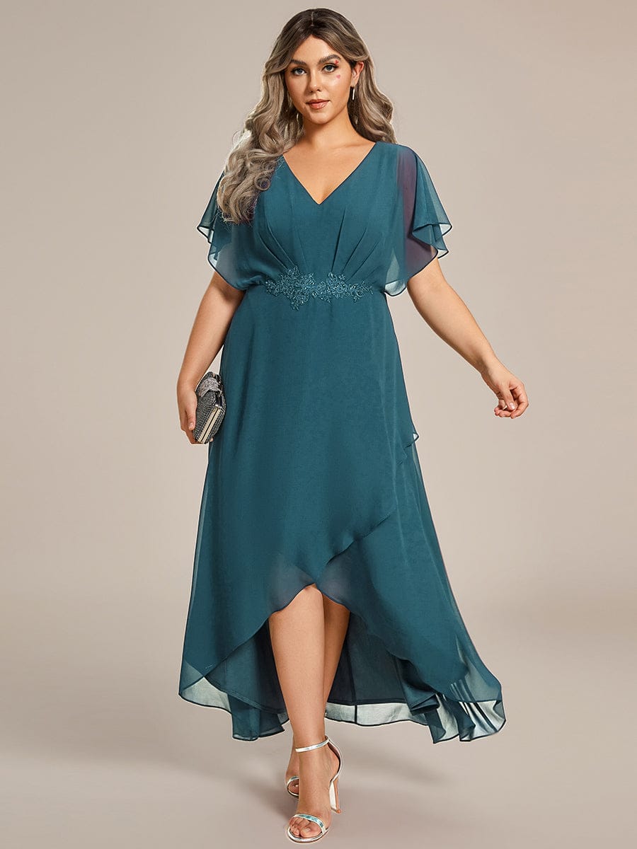 ever LILAS|Elegant Short Sleeves A-Line Waist Applique Formal Dress with Lotus Leaf Hem