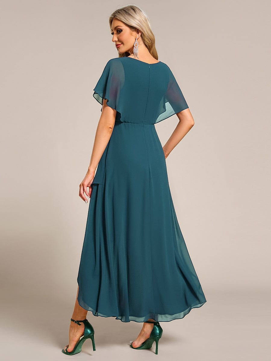 ever LILAS|Elegant Short Sleeves A-Line Waist Applique Formal Dress with Lotus Leaf Hem