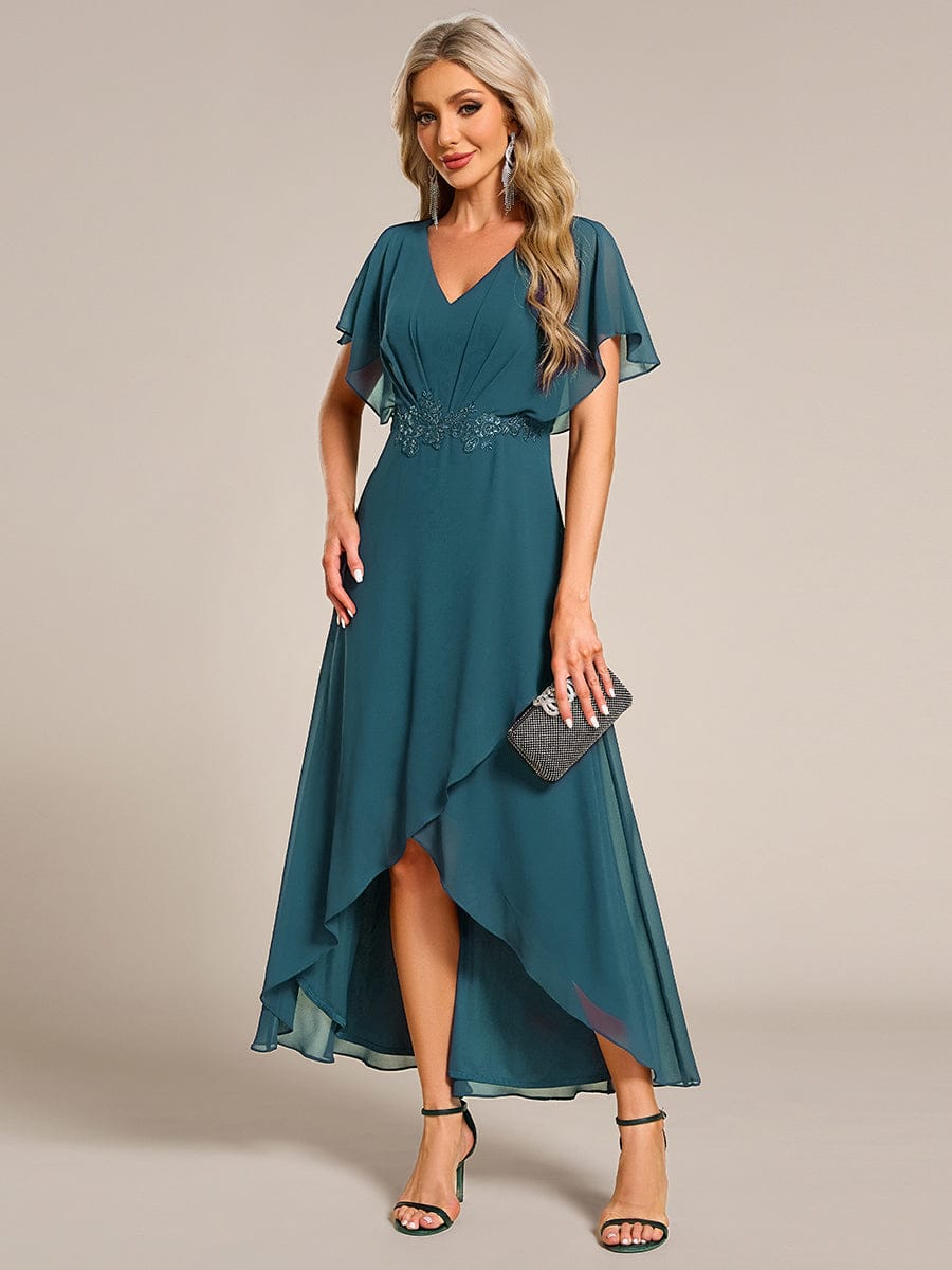 ever LILAS|Elegant Short Sleeves A-Line Waist Applique Formal Dress with Lotus Leaf Hem