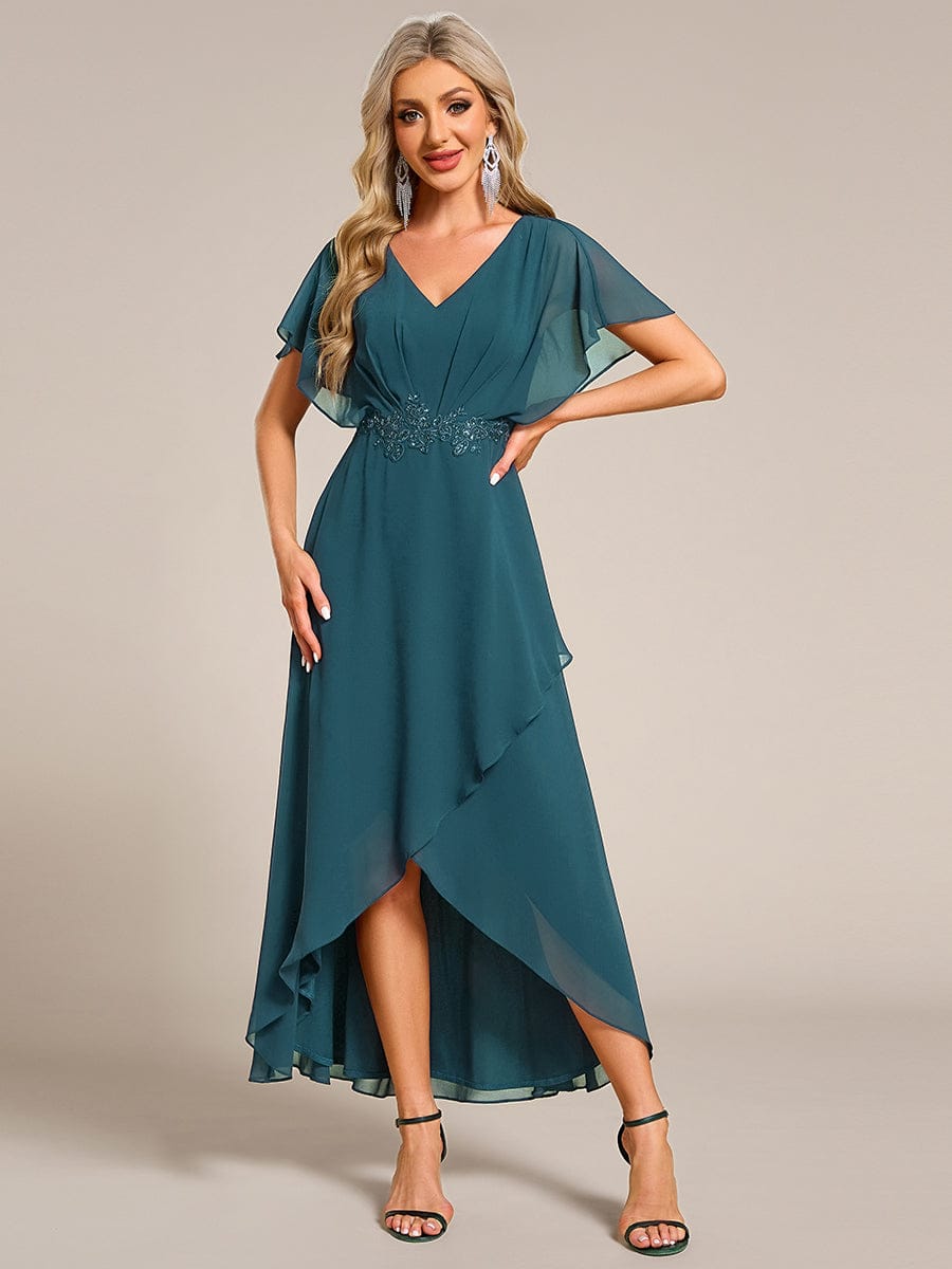 ever LILAS|Elegant Short Sleeves A-Line Waist Applique Formal Dress with Lotus Leaf Hem
