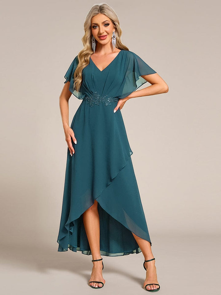ever LILAS|Elegant Short Sleeves A-Line Waist Applique Formal Dress with Lotus Leaf Hem