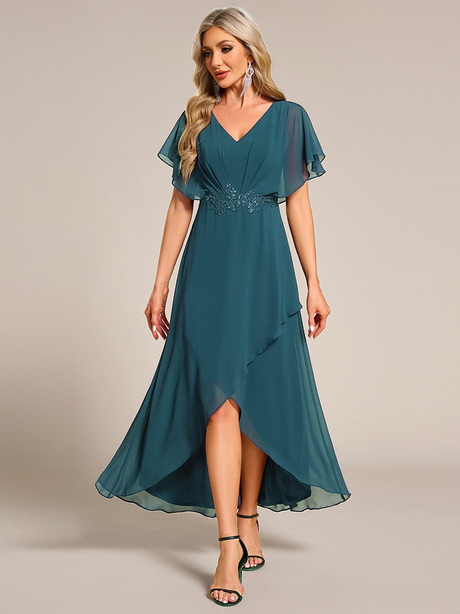 ever LILAS|Elegant Short Sleeves A-Line Waist Applique Formal Dress with Lotus Leaf Hem