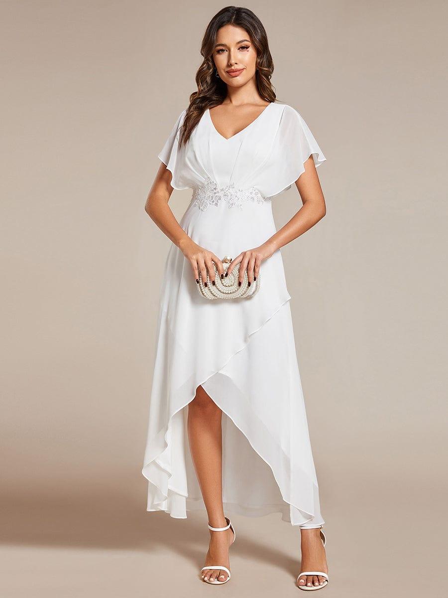 ever LILAS|Elegant Short Sleeves A-Line Waist Applique Formal Dress with Lotus Leaf Hem
