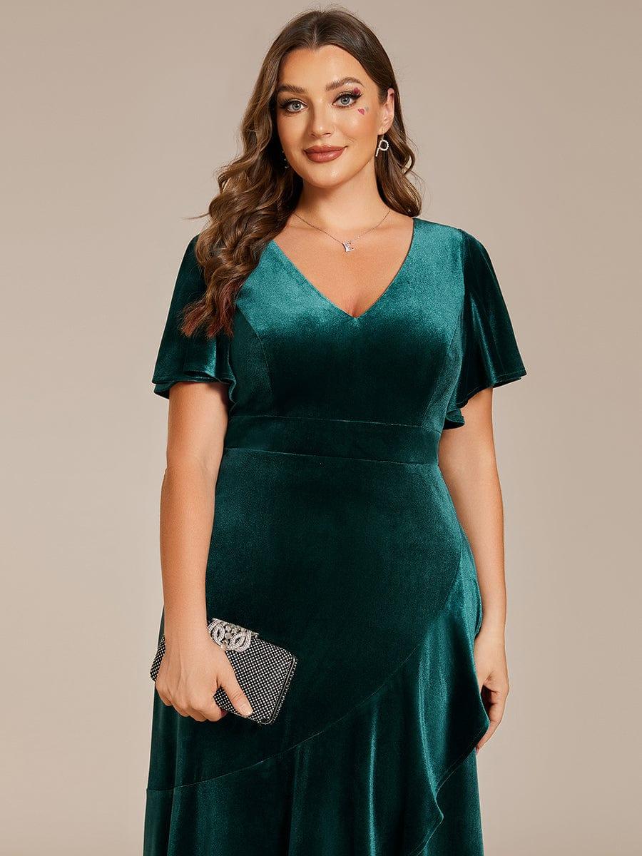 pretty SYLVA|Plus Size Lotus Leaf Hem A-Line V-Neck Ruffles Sleeve Velvet Evening Dress