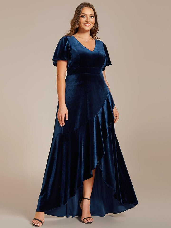 pretty SYLVA|Plus Size Lotus Leaf Hem A-Line V-Neck Ruffles Sleeve Velvet Evening Dress