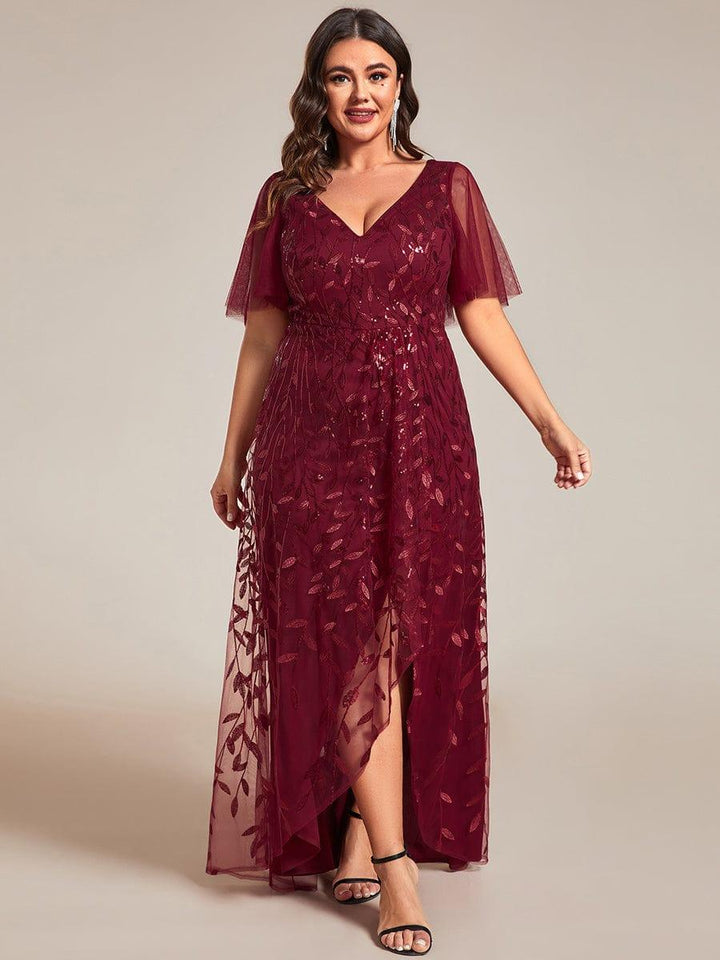ever ALIX|Short Sleeves Sequin High Low V-Neck Midi Formal Wedding Guest Dress