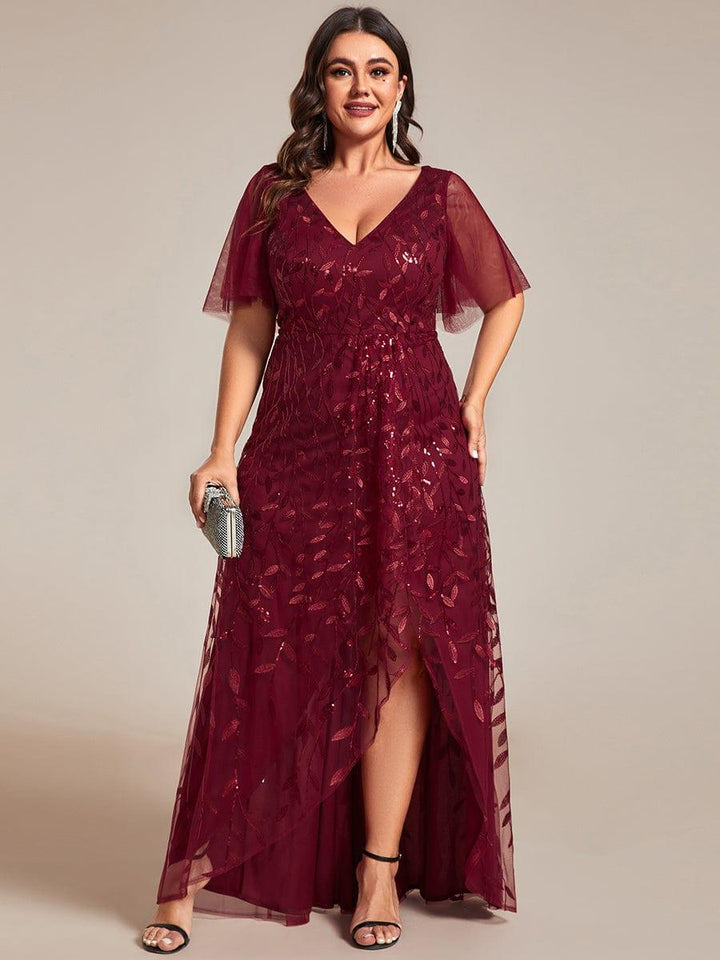ever ALIX|Short Sleeves Sequin High Low V-Neck Midi Formal Wedding Guest Dress