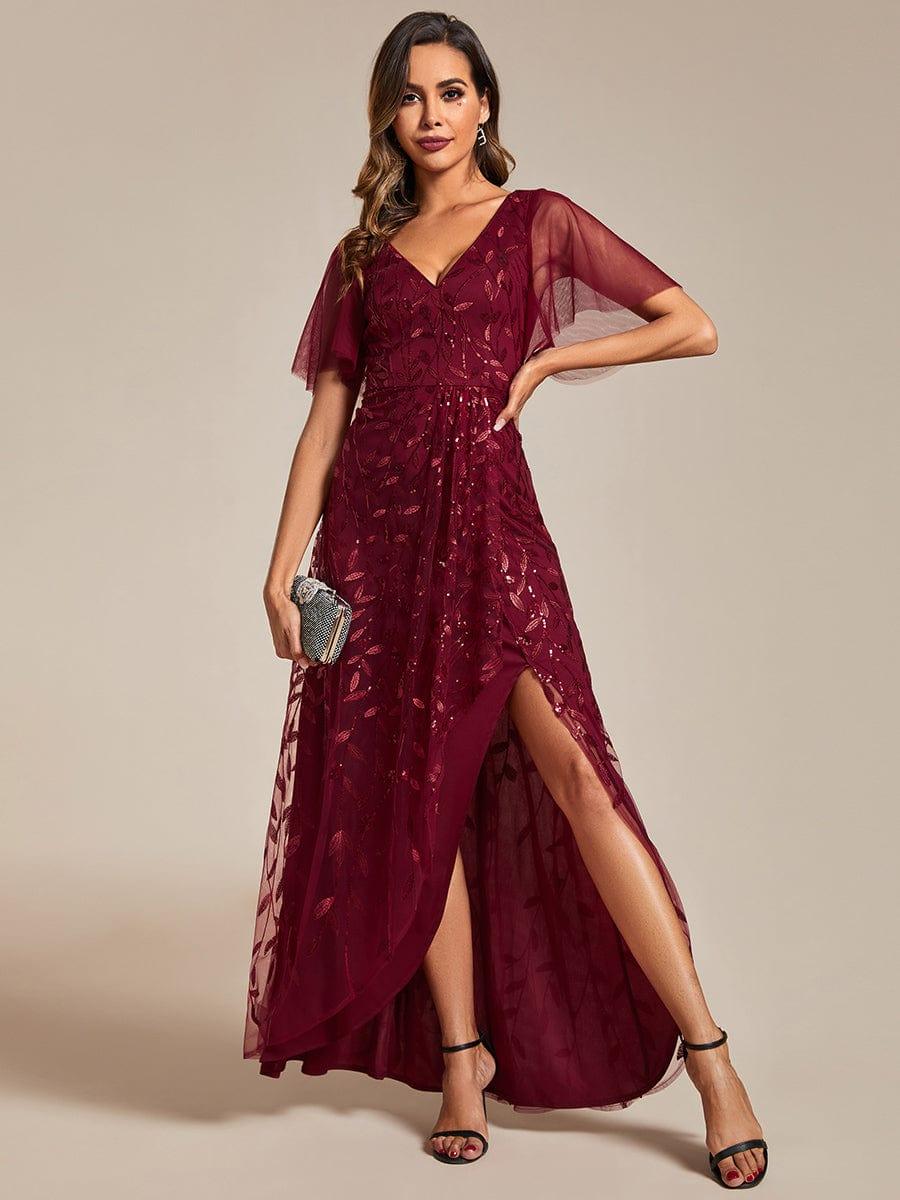 ever ALIX|Short Sleeves Sequin High Low V-Neck Midi Formal Wedding Guest Dress