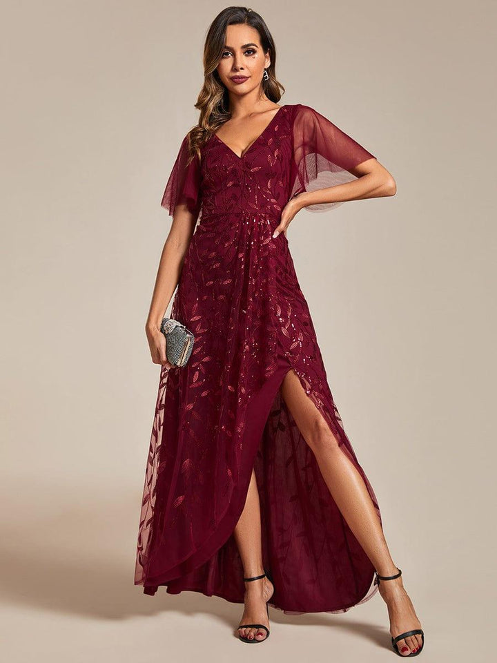 ever ALIX|Short Sleeves Sequin High Low V-Neck Midi Formal Wedding Guest Dress