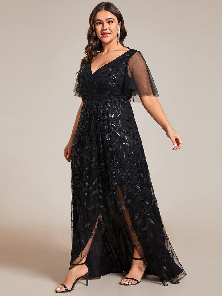 ever ALIX|Short Sleeves Sequin High Low V-Neck Midi Formal Wedding Guest Dress