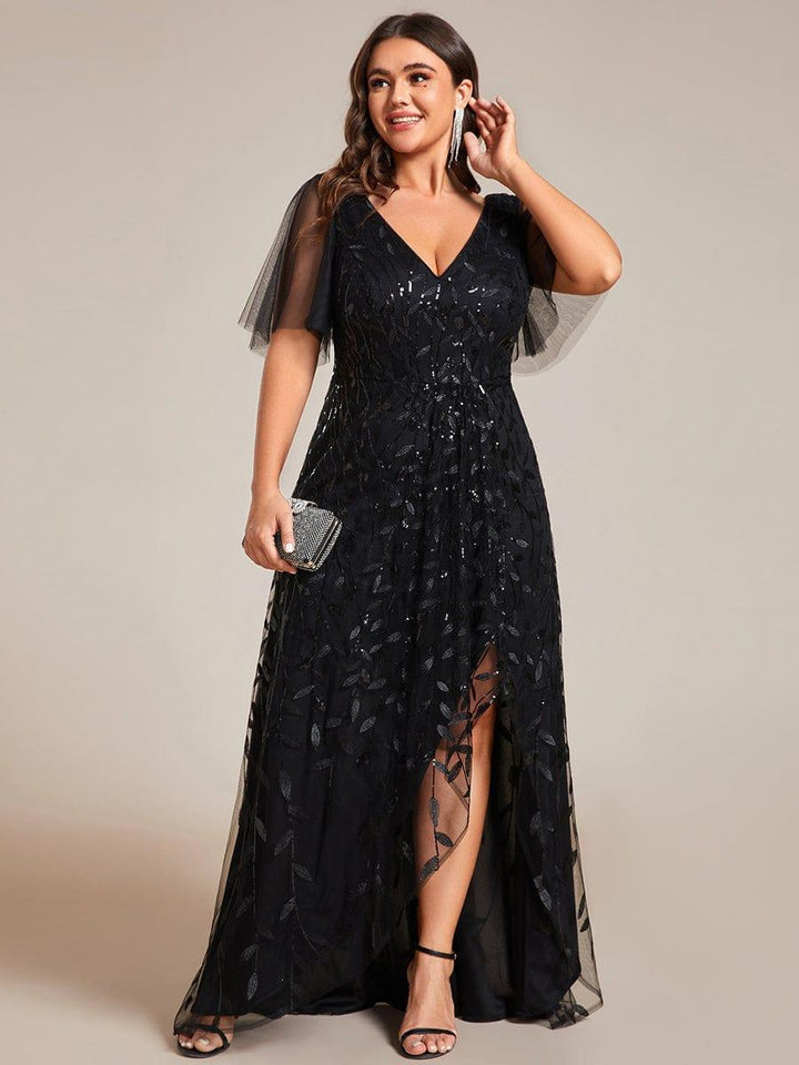 ever ALIX|Short Sleeves Sequin High Low V-Neck Midi Formal Wedding Guest Dress