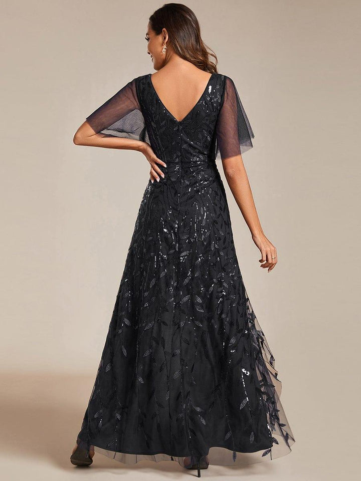 ever ALIX|Short Sleeves Sequin High Low V-Neck Midi Formal Wedding Guest Dress