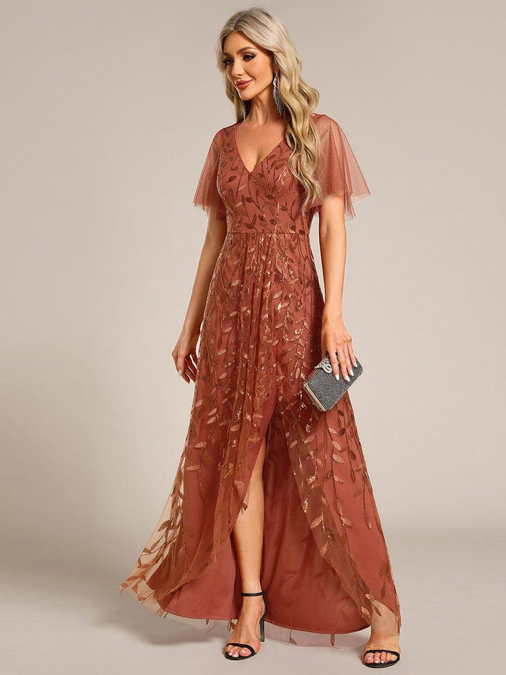 ever ALIX|Short Sleeves Sequin High Low V-Neck Midi Formal Wedding Guest Dress