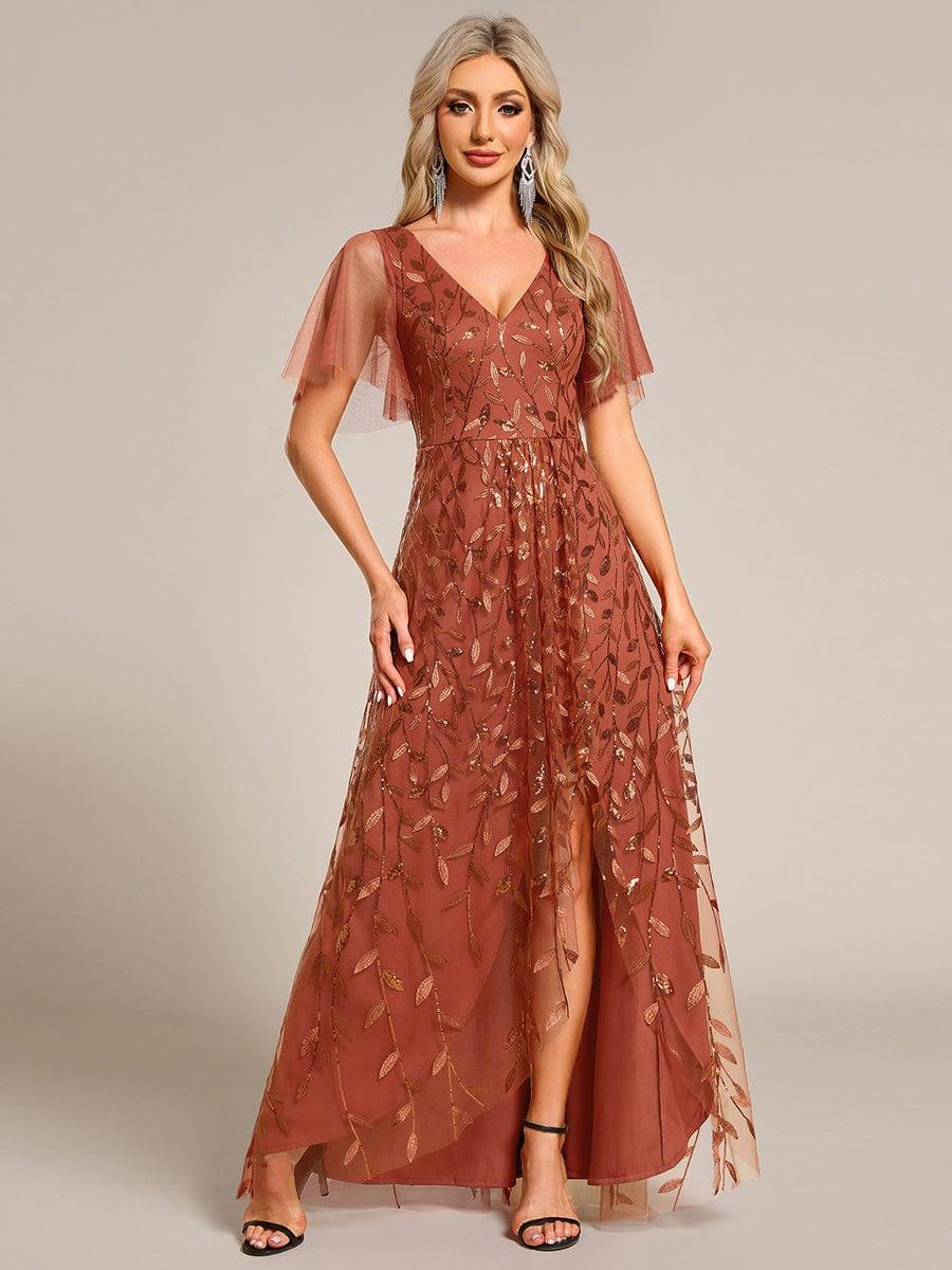 ever ALIX|Short Sleeves Sequin High Low V-Neck Midi Formal Wedding Guest Dress