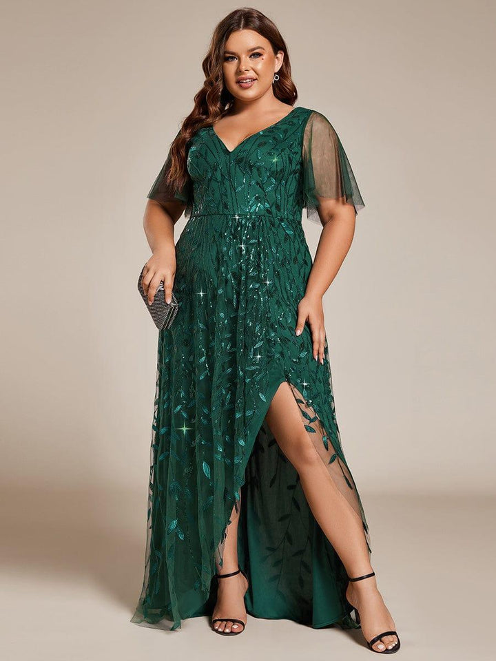 ever ALIX|Short Sleeves Sequin High Low V-Neck Midi Formal Wedding Guest Dress