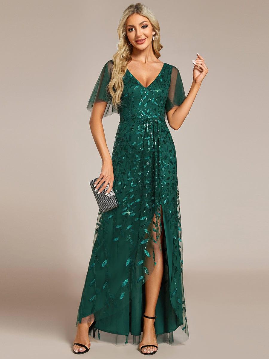 ever ALIX|Short Sleeves Sequin High Low V-Neck Midi Formal Wedding Guest Dress