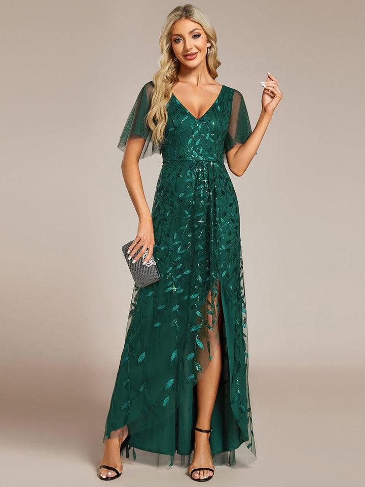 ever ALIX|Short Sleeves Sequin High Low V-Neck Midi Formal Wedding Guest Dress