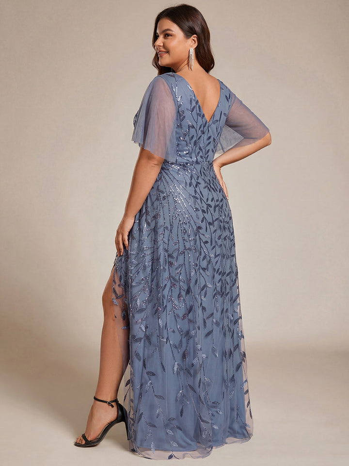 ever ALIX|Short Sleeves Sequin High Low V-Neck Midi Formal Wedding Guest Dress