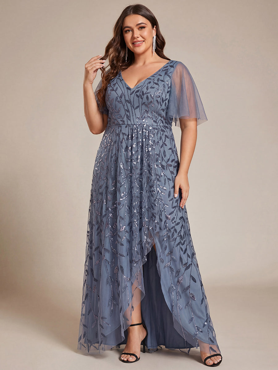 ever ALIX|Short Sleeves Sequin High Low V-Neck Midi Formal Wedding Guest Dress