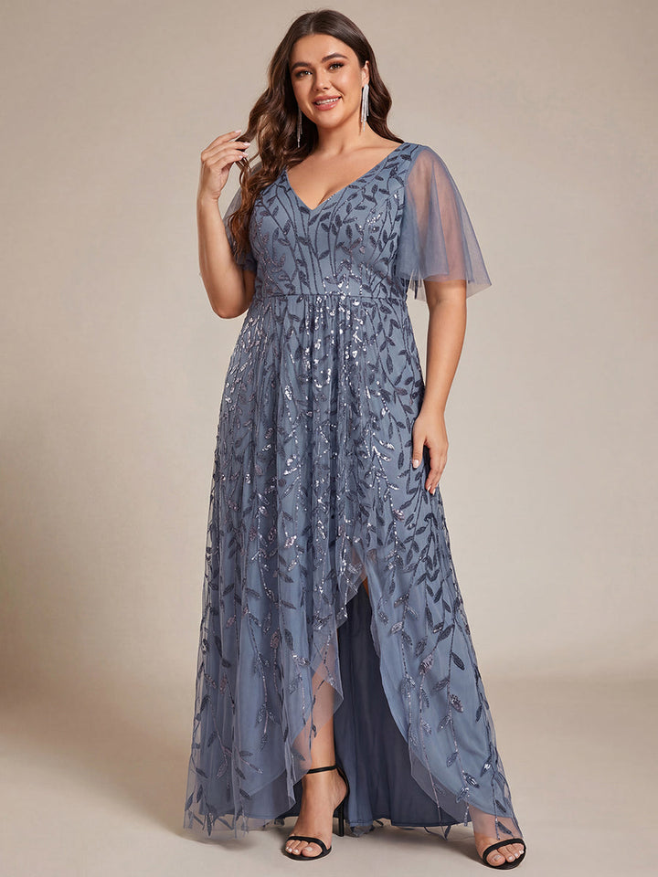 ever ALIX|Short Sleeves Sequin High Low V-Neck Midi Formal Wedding Guest Dress