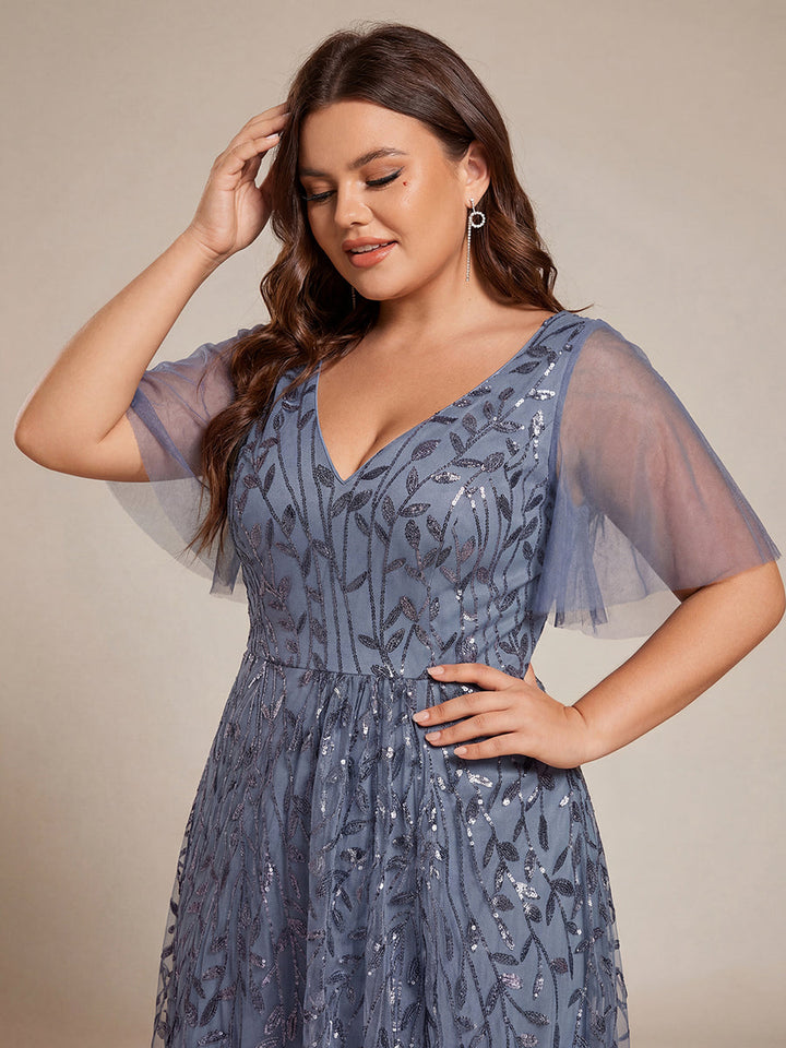ever ALIX|Short Sleeves Sequin High Low V-Neck Midi Formal Wedding Guest Dress