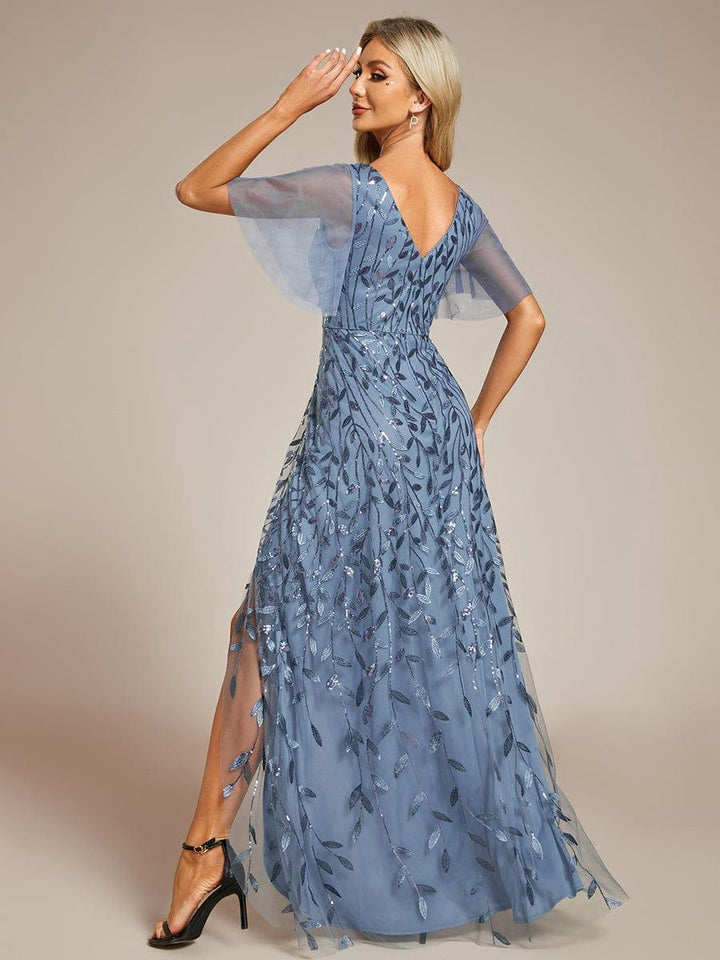 ever ALIX|Short Sleeves Sequin High Low V-Neck Midi Formal Wedding Guest Dress