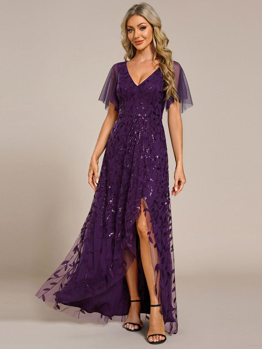 ever ALIX|Short Sleeves Sequin High Low V-Neck Midi Formal Wedding Guest Dress