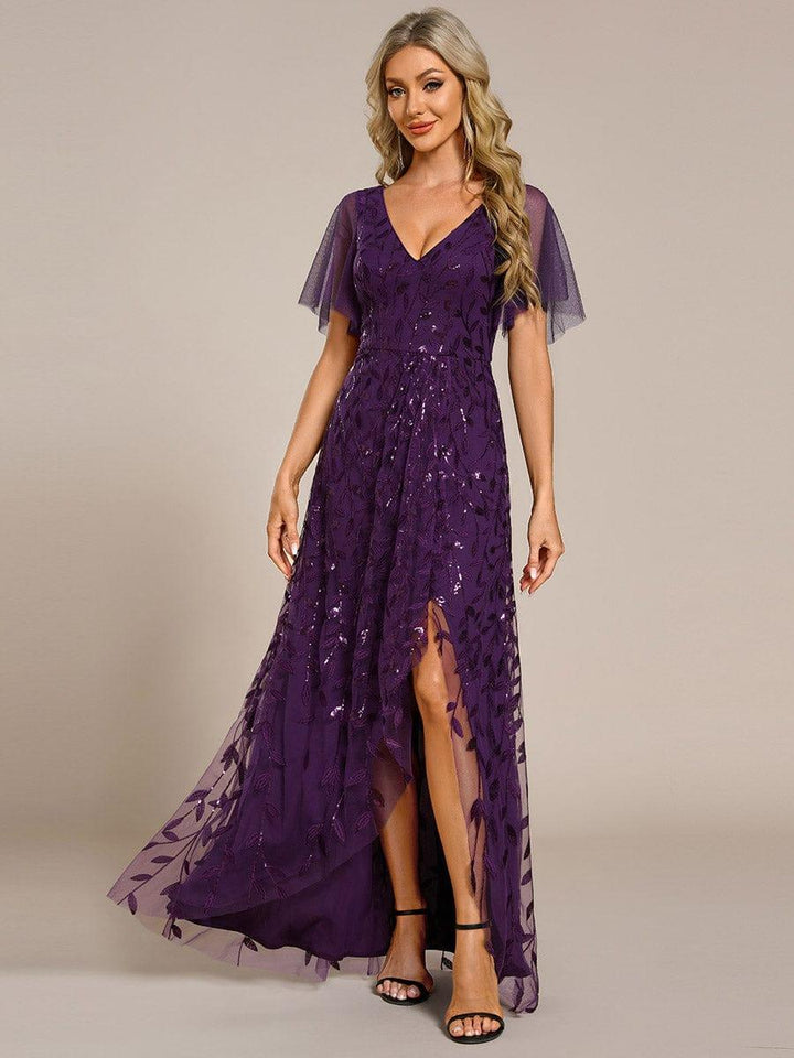 ever ALIX|Short Sleeves Sequin High Low V-Neck Midi Formal Wedding Guest Dress