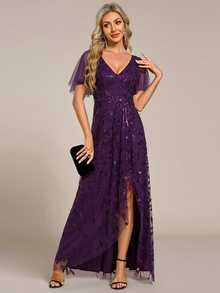 ever ALIX|Short Sleeves Sequin High Low V-Neck Midi Formal Wedding Guest Dress