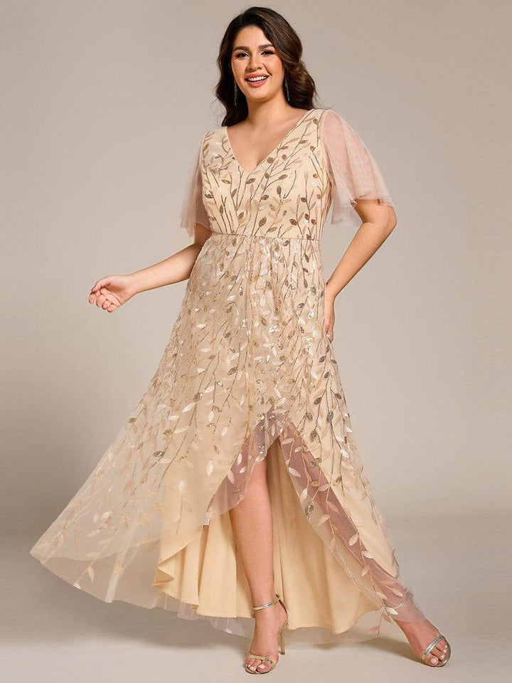 ever ALIX|Short Sleeves Sequin High Low V-Neck Midi Formal Wedding Guest Dress